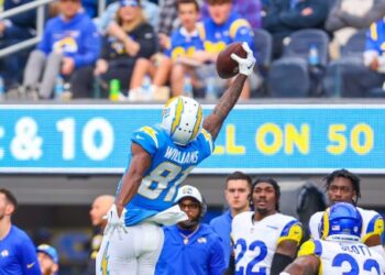 Mike Williams elevándose para la recepción a una mano ante Rams.
