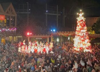El árbol de Navidad ilumina el Old Globe Theatre en el Parque Balboa