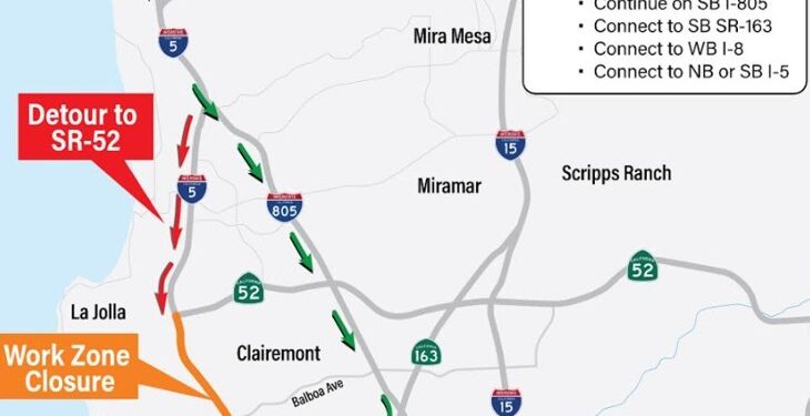 Cierre total de la I-5 dirección sur de SR-52 a Mission Bay Drive este fin de semana