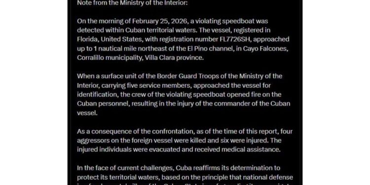 Cuba reporta enfrentamiento con lancha en aguas territoriales