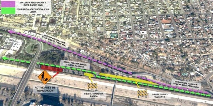 Anuncian cierre por hundimiento en Vía Rápida Oriente a la altura del bulevar Padre Kino