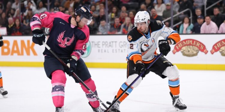 La disputa del puck entre Firebirds y Gulls en la barrida de Coachella Valley a San Diego.