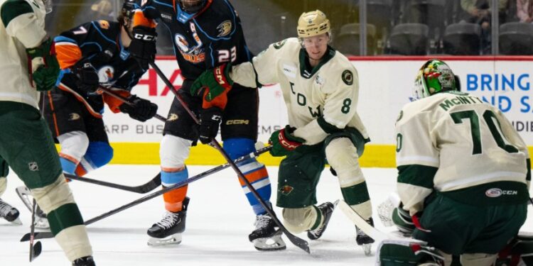 Justin Kirkland buscando el puck tras el rebote del portero del Wild.