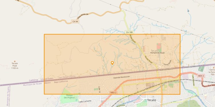 Mapa de la zona afectada por el incendio forestal, cerca del oeste de Tecate