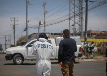 Oficial perito frente a camioneta blanca