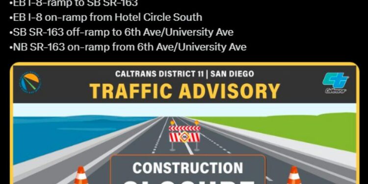 Caltrans anuncia cierres parciales en la I-8 y la SR-163