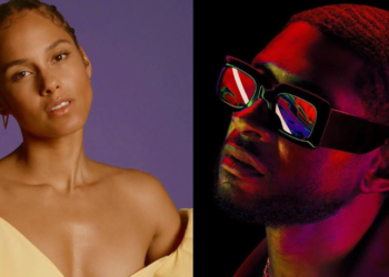 Alicia Keys y Usher en el espectáculo del medio tiempo del Super Bowl