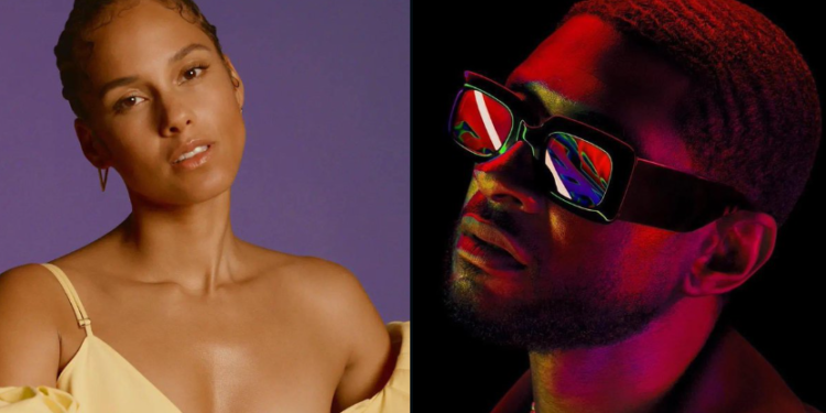Alicia Keys y Usher en el espectáculo del medio tiempo del Super Bowl