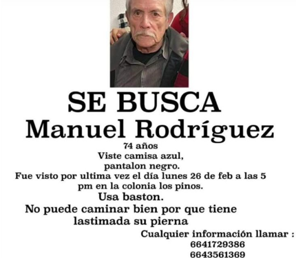 Se busca a Manuel Rodríguez de 74 años de edad