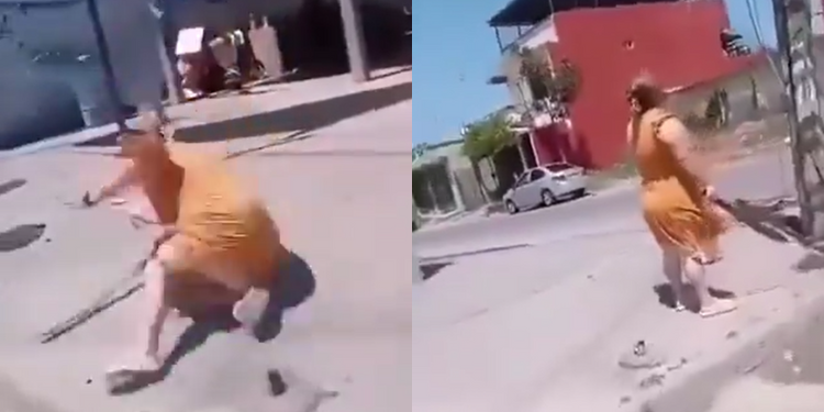 Mujer se lastima tras intentar agredir a trabajador de luz con machete