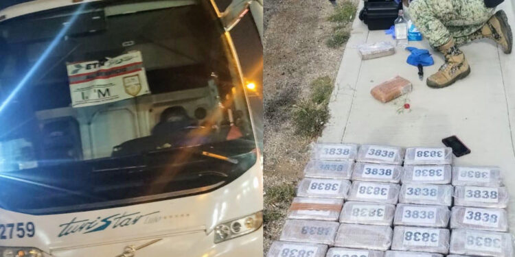 Transportaban 25 kilos de clorhidrato de cocaína en autobús con logos del INM