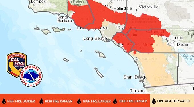 Emiten alerta crítica por condiciones de incendio en el sur de California