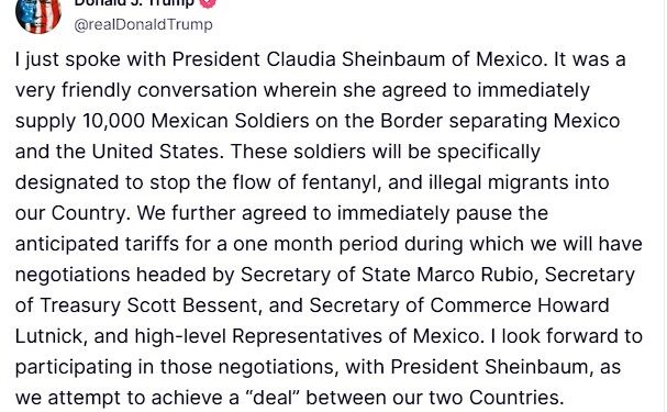 Trump y Sheinbaum acordaron pausar la aplicación de aranceles por un mes