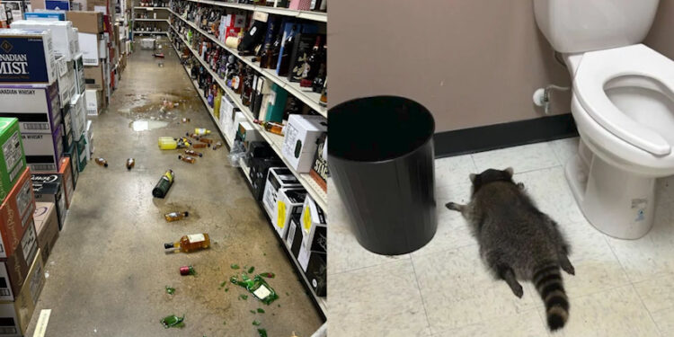 Mapache causó destrozos en licorería de Virginia y termina borracho