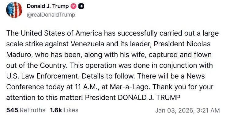 Trump confirmó captura de Nicolás Maduro tras operativo militar en Venezuela