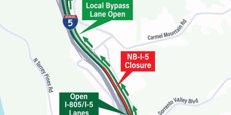Cerrarán carriles de I-5 e I-805 por trabajos nocturnos