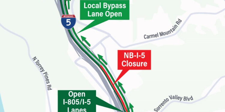 Caltrans cerrará carriles de la I-5 y la I-805 por trabajos de pavimentación